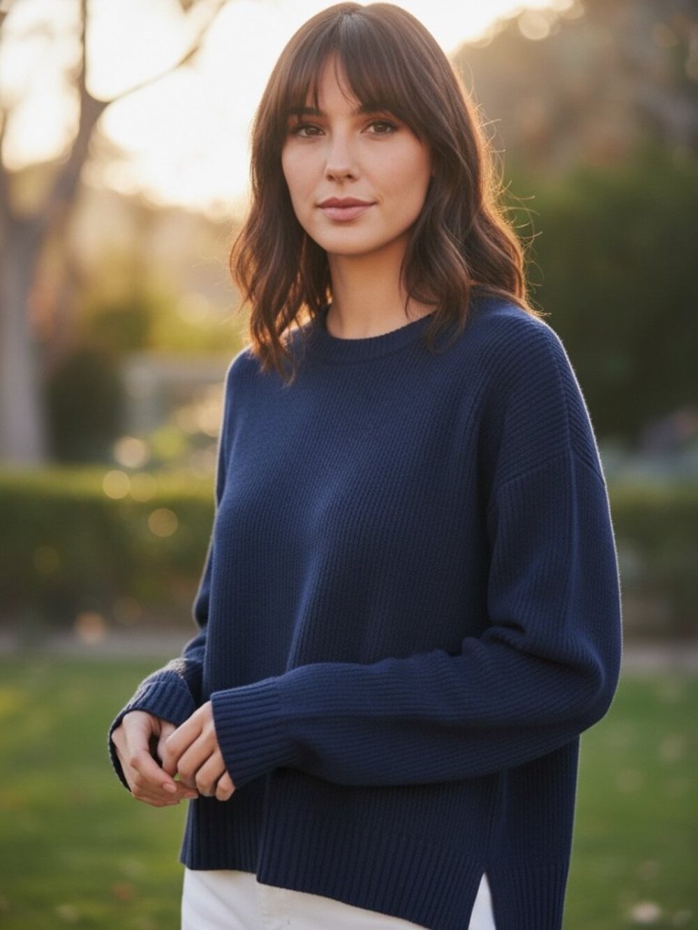 Jenni Kayne Wool Cashmere Blend Sweater Navy Blue Crew Neck Knit Women's S M